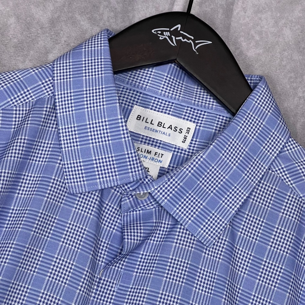 Bill Blass Mens XL Dress Shirt Blue Glen Plaid Lightweight Slim Fit Non-Iron L/S